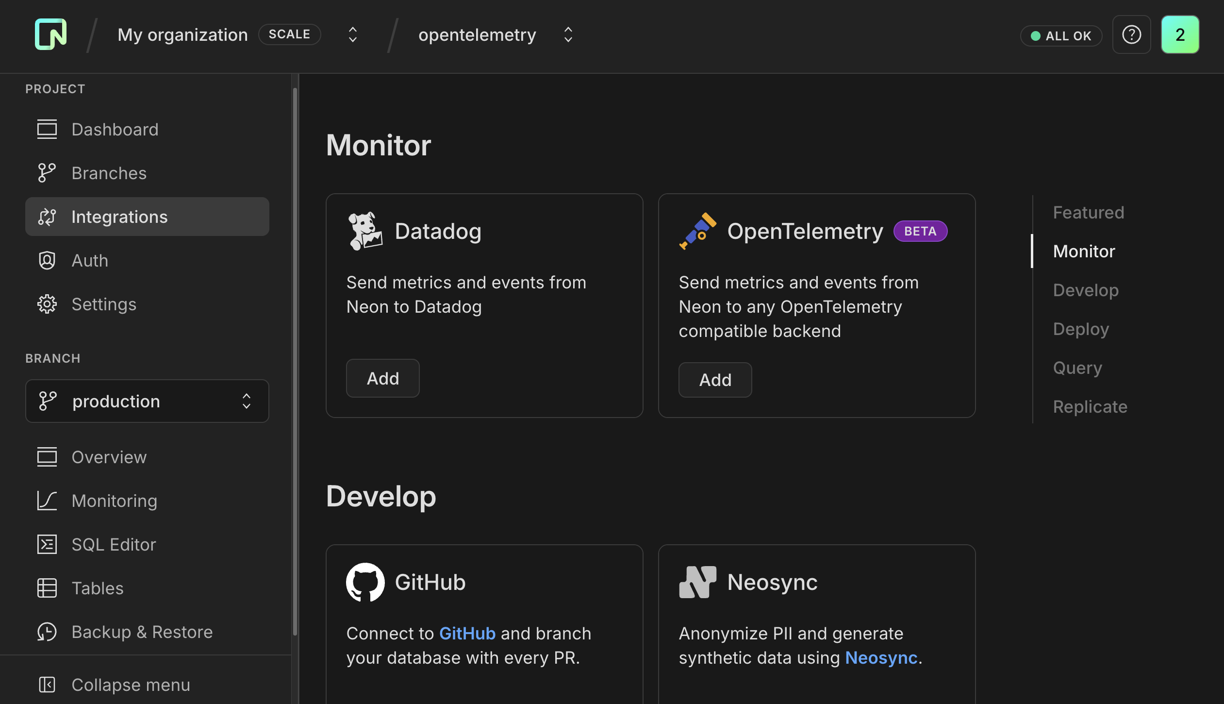 Neon Integrations page with OpenTelemetry card