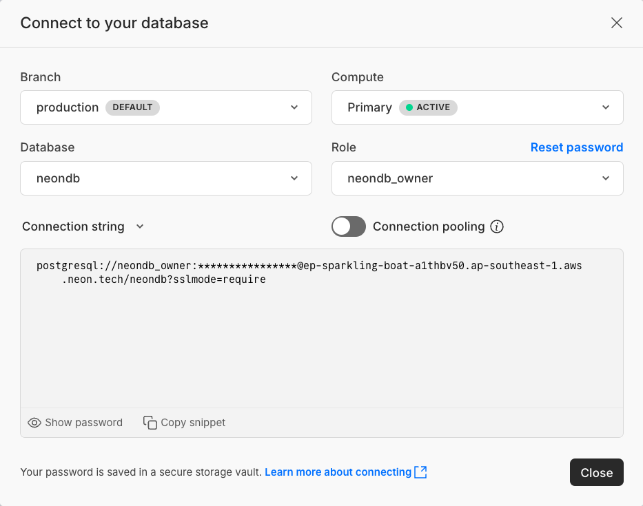 Neon direct connection string modal