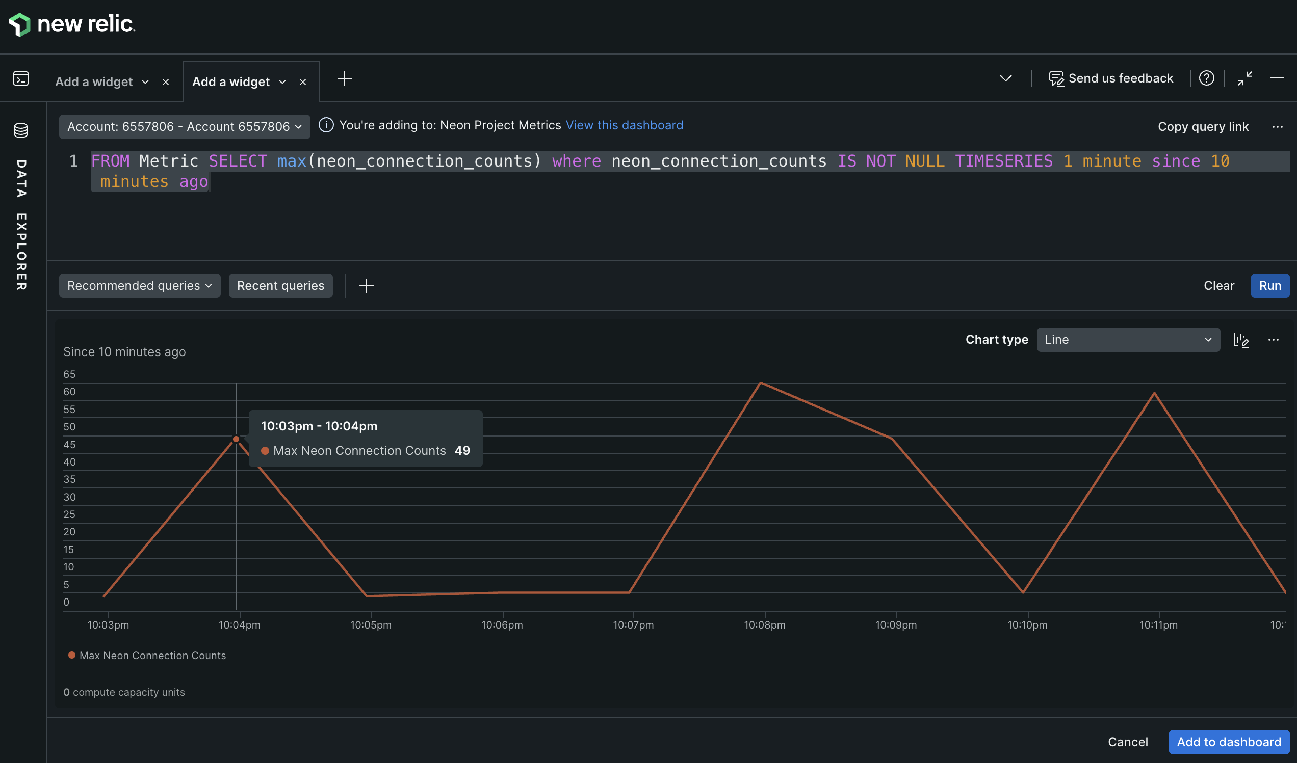 New Relic query builder with NRQL example